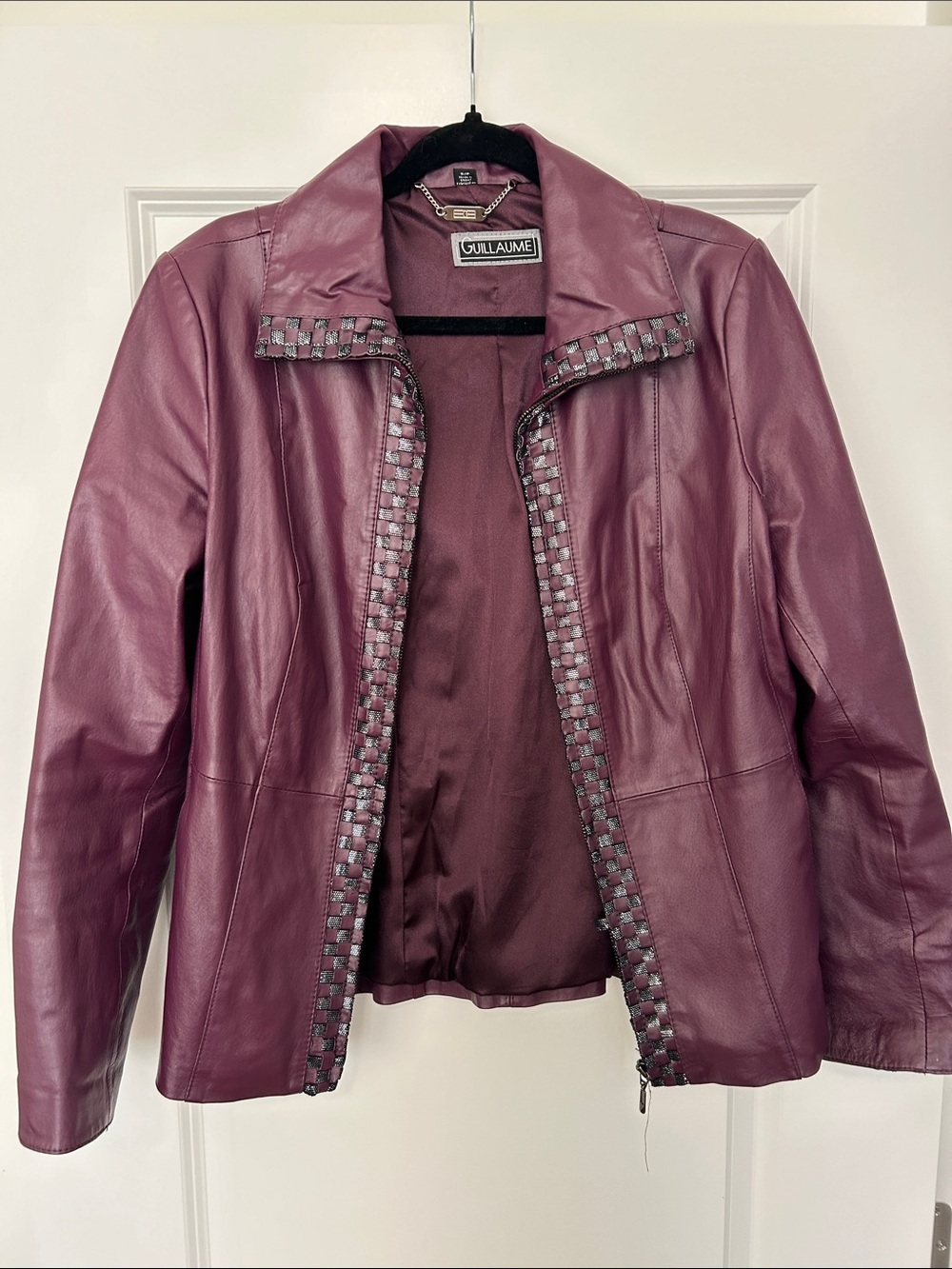 Guillaume Plum Leather Jacket with Woven Metallic Black Trim